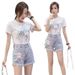 New Suit Summer European Goods Flower Embroidery Loose T Shirt Denim Shorts_mkmklike.com