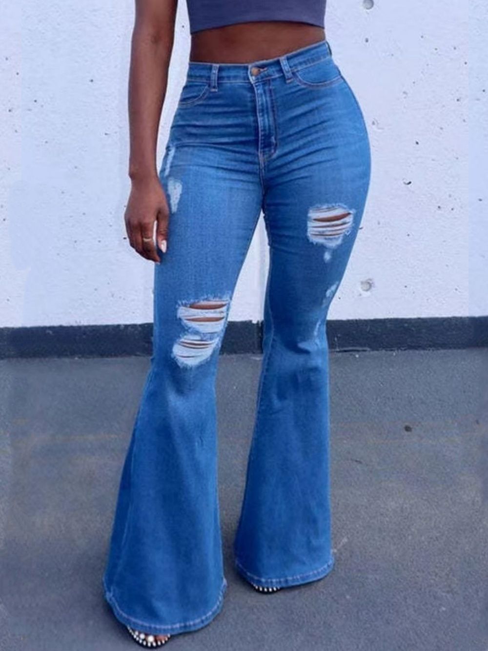 Plus Size Stretch Jeans For Women | High Waist Distressed Denim Pants (L-5XL) – Comfort Fit With Artisanal Rips & Flared Hem For Street Style_mkmklike.com