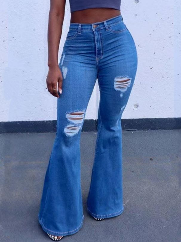 Plus Size Stretch Jeans For Women | High Waist Distressed Denim Pants (L-5XL) – Comfort Fit With Artisanal Rips & Flared Hem For Street Style_mkmklike.com