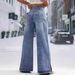Women's High Waist Wide Leg Jeans Floral Print Slit Hem Retro Button Detail Spring Summer New Arrival Denim_mkmklike.com