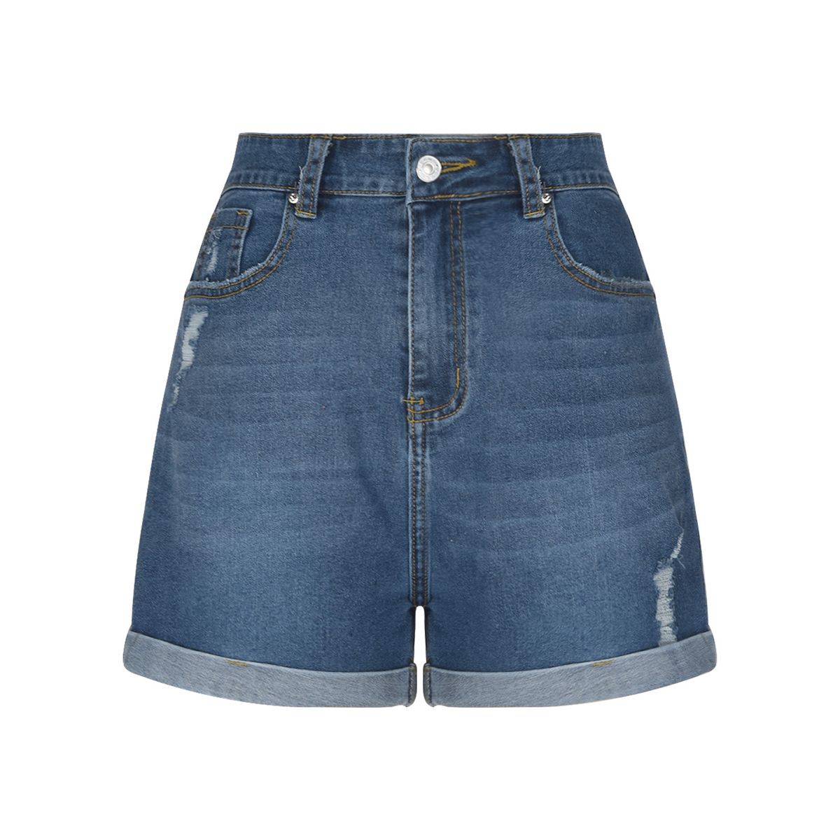 K Women's New Straight Tube Slim Fit Denim Shorts With Worn Edges And Rolled Edges_mkmklike.com