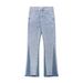 American Style Minimalist Distressed Color Blocked Denim Loose Street Washed Polished White Micro Flared Pants, Jeans_mkmklike.com