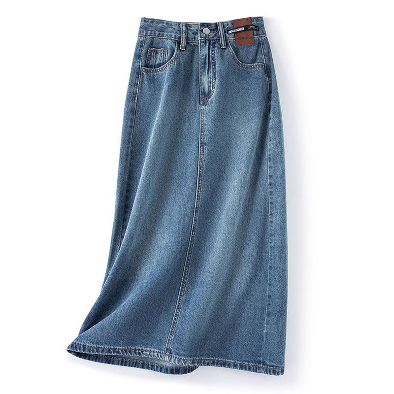 Women's Clothing Retro Back Slit Skirt For Women Design Leather Brand High Waist A Line Medium Long Straight Tube Meat Covering Hip Denim Skirt_mkmklike.com