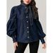 Elegant Bow-Tie Adjustable Waist Denim Shirt for Women Princess Sleeves Navy Color Office to Dinner Versatile M-2XL_mkmklike.com