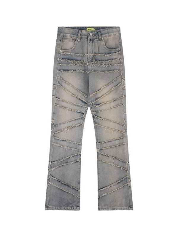 Men's Clothing Retro Heavyweight Distressed Line Bearded Jeans Men's Cleanfit Washed Slimming Pants_mkmklike.com
