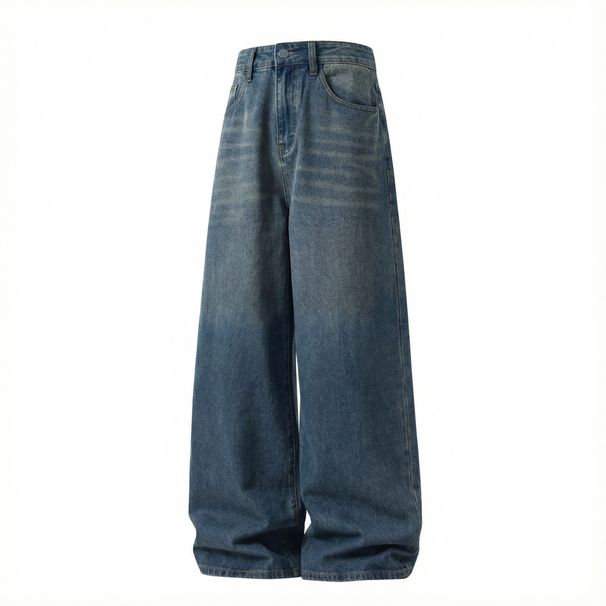 Men's American Retro Gradient Blue Distressed Washed Denim Jeans High Street Straight Leg Casual Trousers Trendy Spring Style_mkmklike.com