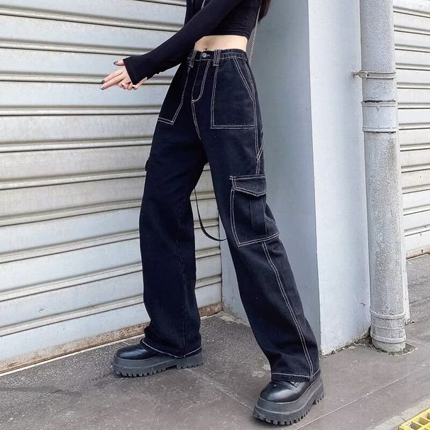 Women’s Clothing workwear jeans women autumn and winter new multi pocket denim wide leg trousers_mkmklike.com