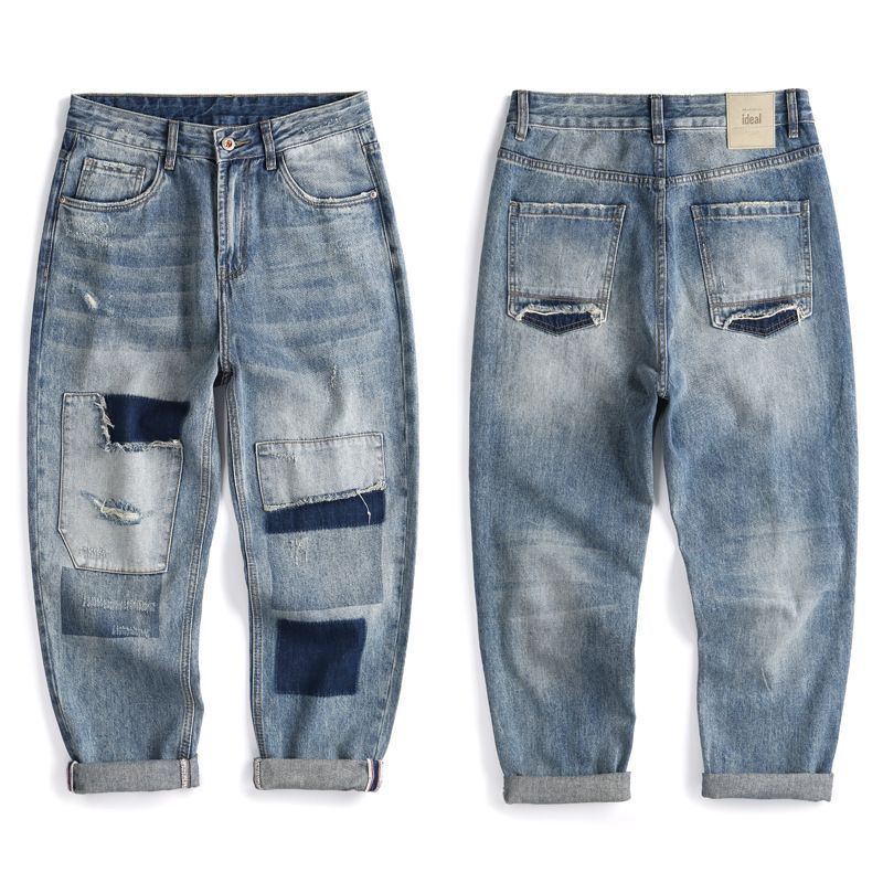 Men's Clothing Retro Ripped Jeans For Boys Loose Straight Casual Pants Trendy Patch Nine Point Daddy Pants Large Size Men_mkmklike.com