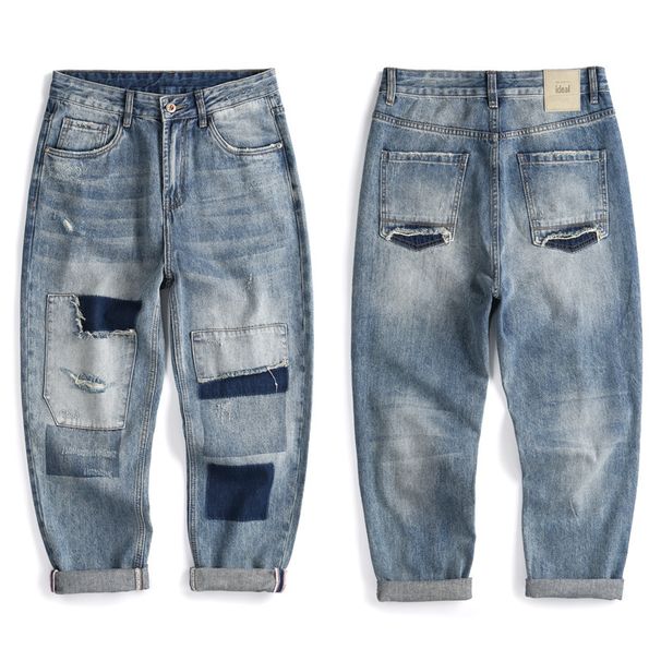 Men's Clothing Retro Ripped Jeans For Boys Loose Straight Casual Pants Trendy Patch Nine Point Daddy Pants Large Size Men_mkmklike.com