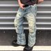 Men's American Retro Distressed Jeans High Street Style Edgy Cool Design Slightly Flared Pants with Patches Splatter Paint_mkmklike.com