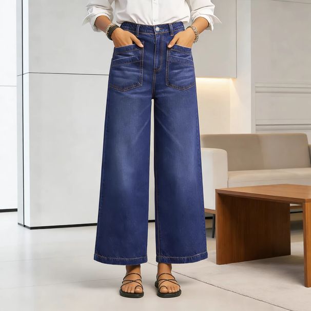 Women's Flared High-Waisted Stretch Denim Jeans - Vintage Washed Blue Retro Streetwear Pants With Comfort Fit_mkmklike.com