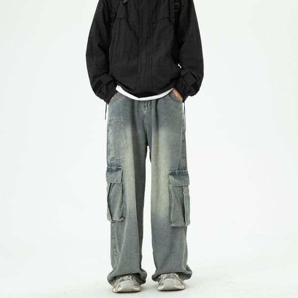 Wide-Leg Cargo Jeans Men's Autumn Trendy Brand Large Pocket Loose Pants Washed Retro High Street Floor-Length Trousers_mkmklike.com