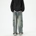 Wide-Leg Cargo Jeans Men's Autumn Trendy Brand Large Pocket Loose Pants Washed Retro High Street Floor-Length Trousers_mkmklike.com