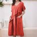 Women's Clothing New Short-sleeved Linen V-neck Pocket Dress_mkmklike.com