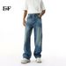 EF JEANS | 2025 Spring New American High Street Lightning Ripple Cat Shave Washed Blue Straight Jeans_mkmklike.com