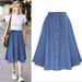 K Women's Loose A-Line Denim Dress With Buttons And Elastic Waist_mkmklike.com