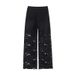 Women's Black Lace Hollow out Wide Leg Jeans Slimming Straight Leg Pants Beaded Loose Fit 2025 New Summer Style_mkmklike.com