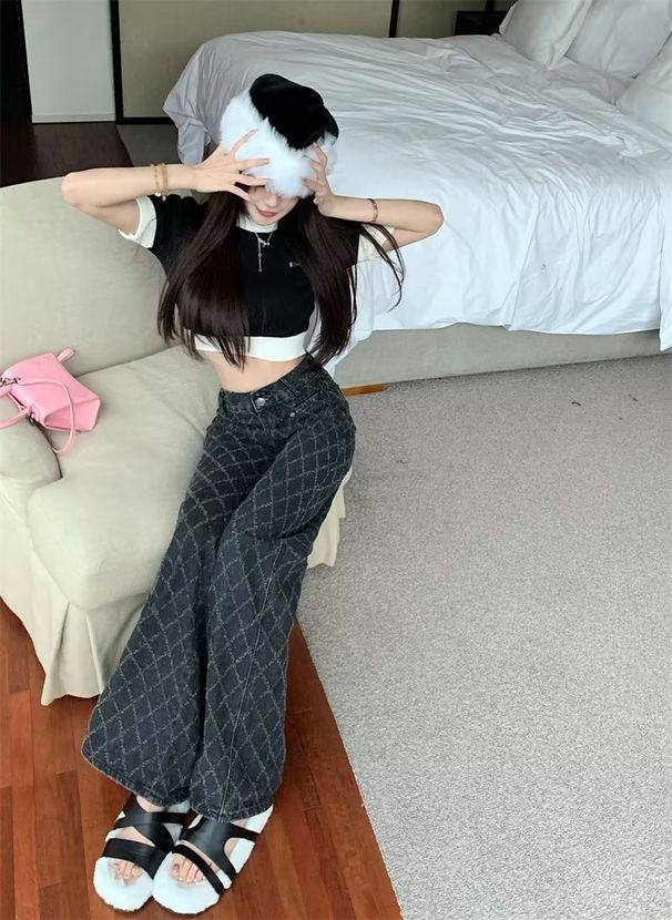 Women's Clothing Large Size High Waist Jeans Women's Trendy Brand New Japanese Plaid Trousers Youth Popular Summer Thin Pants_mkmklike.com