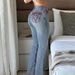 Women's American Style Low Rise Color Block Patchwork Flared Jeans Stretch Vertical Stripe Seam Washed Light Blue_mkmklike.com