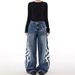 Men's High Street Retro Distressed Thorn Print Loose Wide Leg Jeans Hip Hop Floor Length Trousers_mkmklike.com