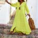 Women's Clothing Solid V-Neck Long Sleeve Bohemian Cotton Hemp Dress_mkmklike.com