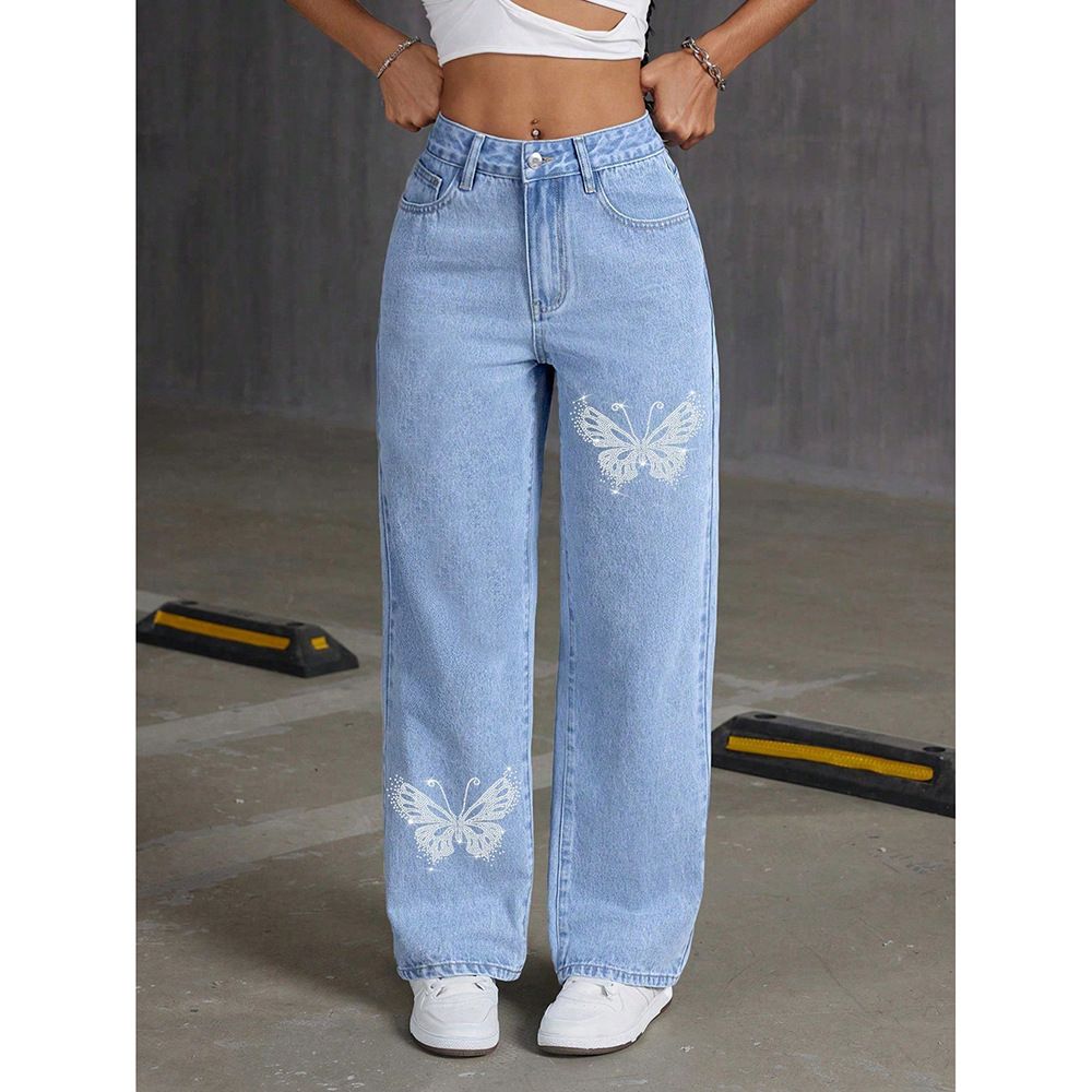Y2K Butterfly Print Jeans - High-Waisted Straight Leg Denim Pants With Vintage Wash & Stretch Comfort_mkmklike.com