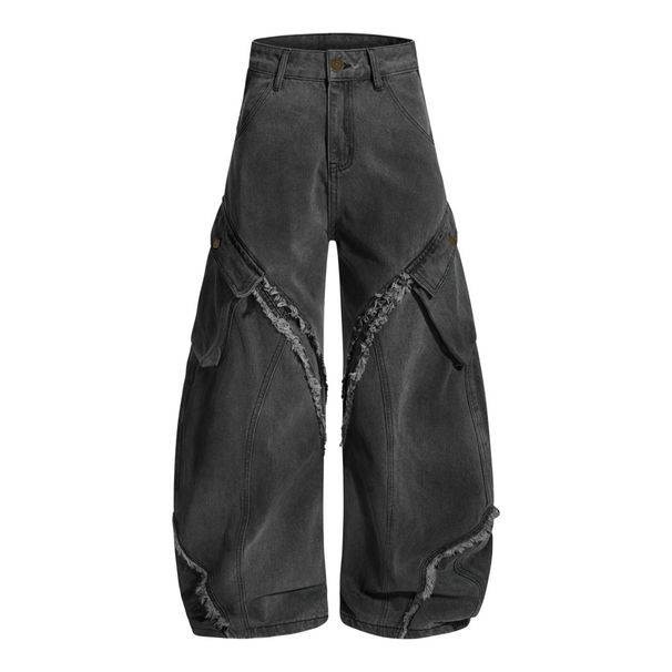 Washed Vintage Oversized Wide-Leg Jeans For Men, Niche Design, Street Style, Deconstructed Patchwork, Frayed Hem, Cargo_mkmklike.com