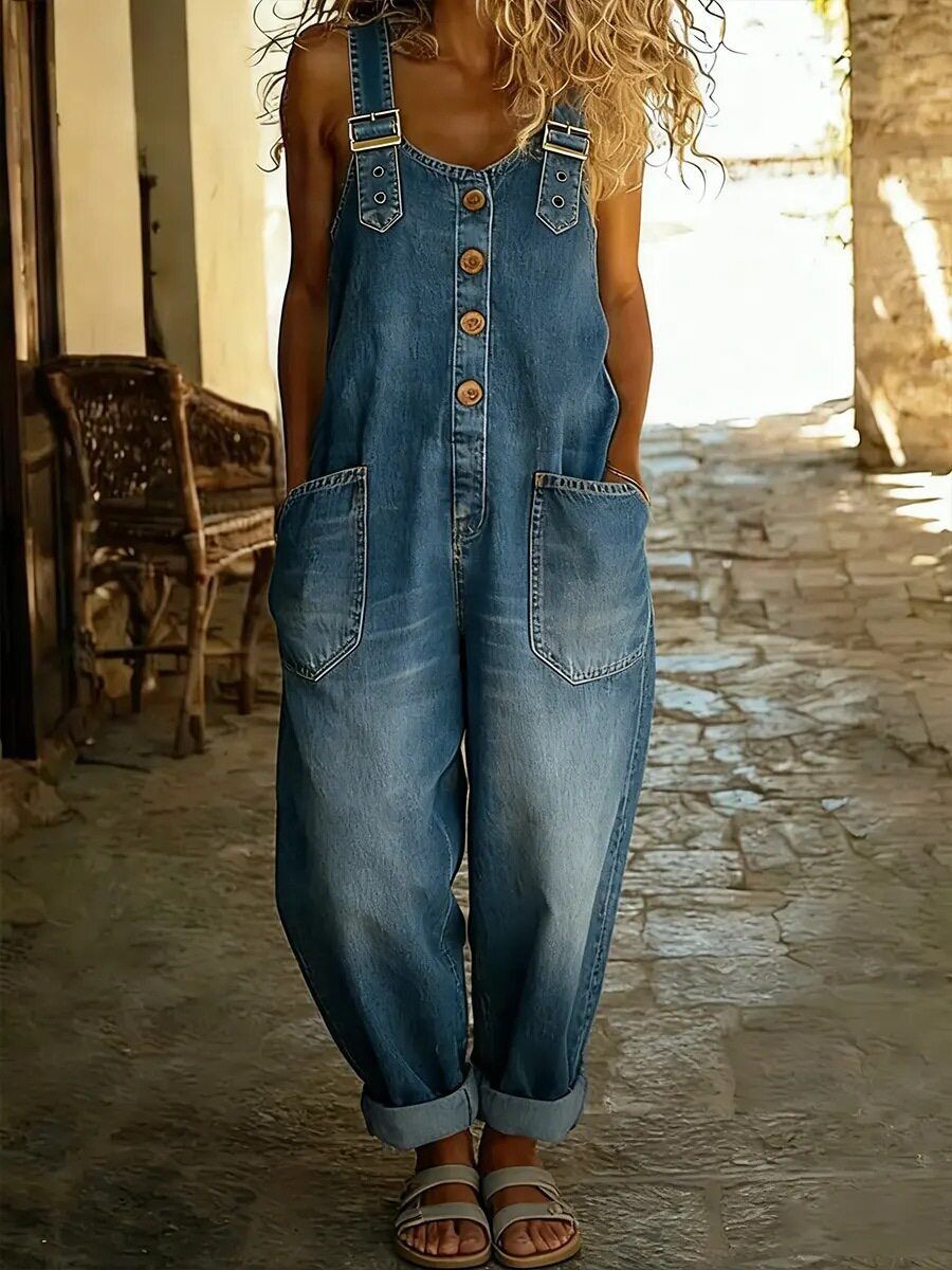 Retro Distressed Loose Women's Casual Denim Jumpsuit With Adjustable Buckle NK402_mkmklike.com