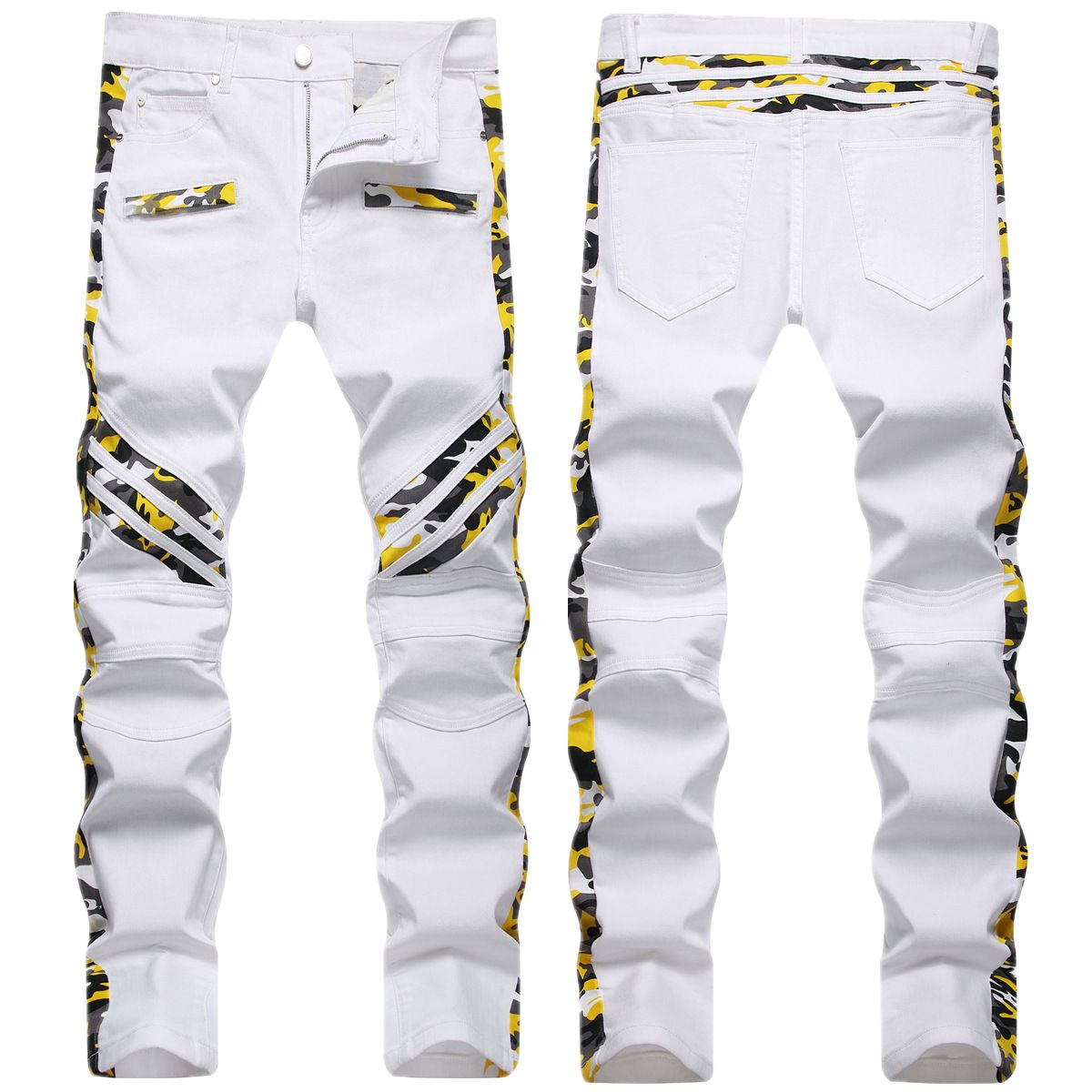 Men's Camo Skinny Jeans – Streetwear Stretch Denim Pants With Military-Inspired Patchwork & Mid-Rise Fit (White, 28-42)_mkmklike.com
