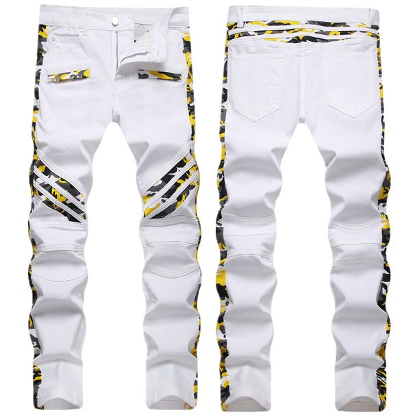 Men's Camo Skinny Jeans – Streetwear Stretch Denim Pants With Military-Inspired Patchwork & Mid-Rise Fit (White, 28-42)_mkmklike.com