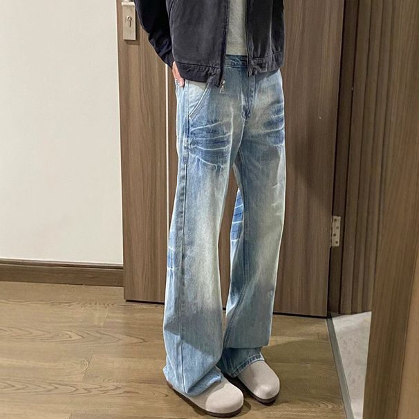 Men's Light Blue Heavy Washed Jeans – Loose Slim Straight Fit, American High Street Style_mkmklike.com