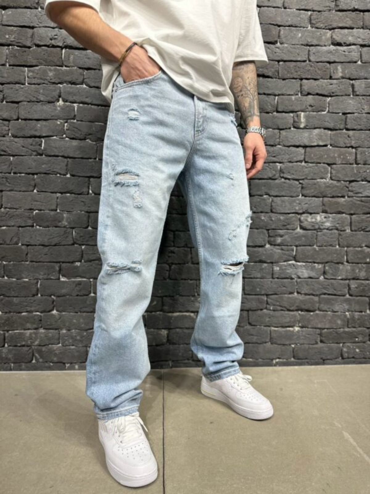 Men's Clothing Simple Loose Straight Jeans Wide Leg Ripped Handsome Denim Straight Pants_mkmklike.com