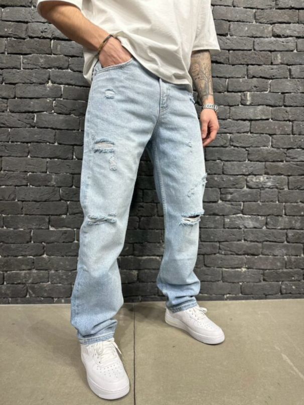 Men's Clothing Simple Loose Straight Jeans Wide Leg Ripped Handsome Denim Straight Pants_mkmklike.com