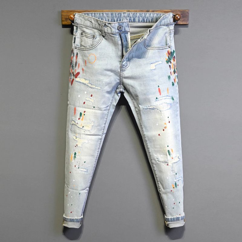 Men's Slim Fit Distressed Jeans With Paint Splatter & Ripped Details - Light Blue Washed Denim For Streetwear & Casual Style_mkmklike.com