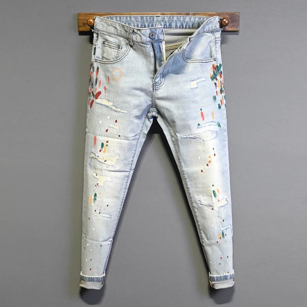 Men's Slim Fit Distressed Jeans With Paint Splatter & Ripped Details - Light Blue Washed Denim For Streetwear & Casual Style_mkmklike.com