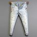Men's Slim Fit Distressed Jeans With Paint Splatter & Ripped Details - Light Blue Washed Denim For Streetwear & Casual Style_mkmklike.com