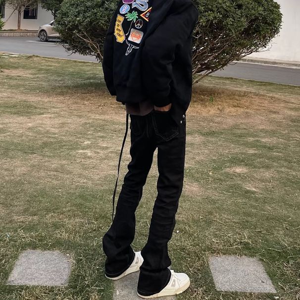 Men's Slim Fit Floor Length Trousers Black Slightly Flared Trendy Jeans American High Street Style Vibe Long Ribbon_mkmklike.com