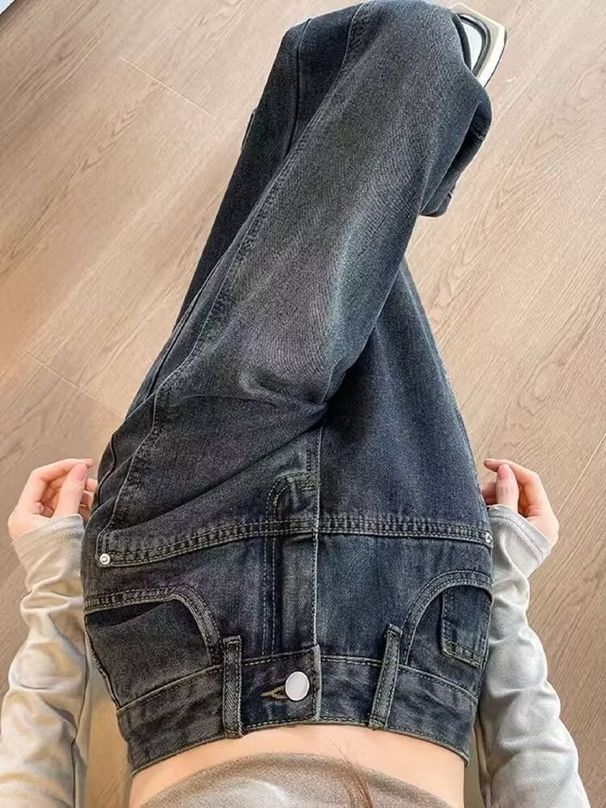 American-style High-end Petite Women's Jeans, Size 150, Fleece-lined, Black And Gray, Wide-leg, Loose-fitting, Slimming,_mkmklike.com