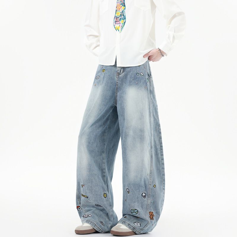 Hip-Hop Cartoon Embroidered Saber Jeans – Oversized Relaxed Fit, Vintage Washed, Unisex Streetwear Pants_mkmklike.com