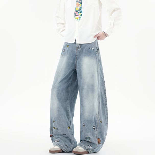 Hip-Hop Cartoon Embroidered Saber Jeans – Oversized Relaxed Fit, Vintage Washed, Unisex Streetwear Pants_mkmklike.com