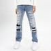 High Street Trendy Brand, Personalized Hip-Hop, Distressed, Washed, Cut Hole Jeans, Patched Straight Leg Casual Pants_mkmklike.com