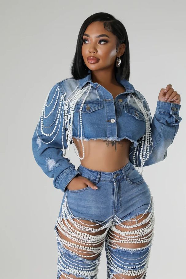 Women's Clothing Denim Jacket Women's Fashion Pearl Chain Handmade Beaded Denim Jacket_mkmklike.com