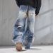 Vintage Blue Washed Relaxed Straight Leg Men's Jeans - Classic Denim With Distressed Details Versatile Styling_mkmklike.com