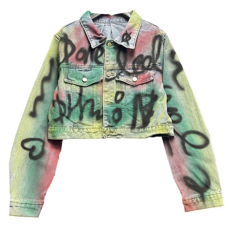 Women's Clothing Short Denim Jacket Early Spring New Small Size Slim Goods Hand Painted Graffiti Design Long Sleeved Top_mkmklike.com