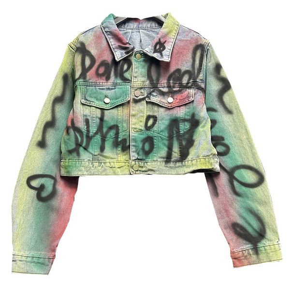 Women's Clothing Short Denim Jacket Early Spring New Small Size Slim Goods Hand Painted Graffiti Design Long Sleeved Top_mkmklike.com