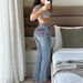 Women's American Style Low Rise Color Block Patchwork Flared Jeans Stretch Vertical Stripe Seam Washed Light Blue_mkmklike.com
