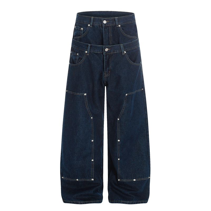 Vintage Patchwork Logging Jeans – Double Waistband, Studded Details & Wide-Leg Fit (Dark Blue, Light Blue, S-XL)_mkmklike.com