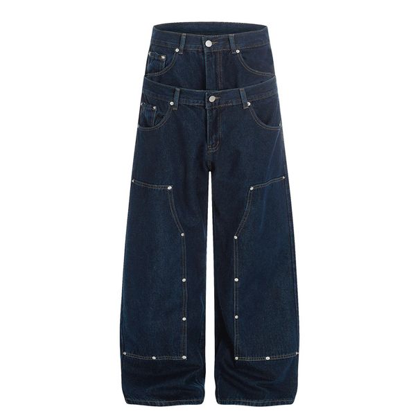 Vintage Patchwork Logging Jeans – Double Waistband, Studded Details & Wide-Leg Fit (Dark Blue, Light Blue, S-XL)_mkmklike.com
