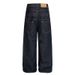 Men's Style Double Waistband Rivet Indigo Blue Textured Denim A-Line Relaxed Straight Leg Long Pants_mkmklike.com