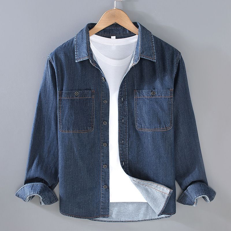Denim Shirt Men's Long Sleeved Spring And Autumn Vintage Workwear Shirt Casual Jacket Men_mkmklike.com